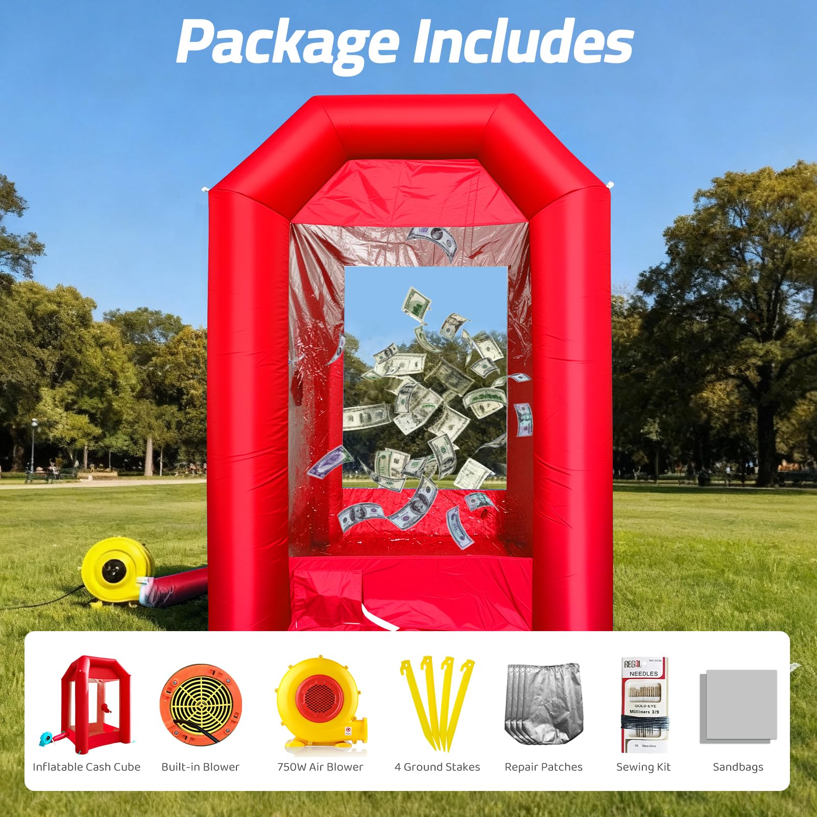 Inflatable Money Blowing Booth 5.2x5.2x8.2FT with 2 Blowers Cash Cube Game for Events