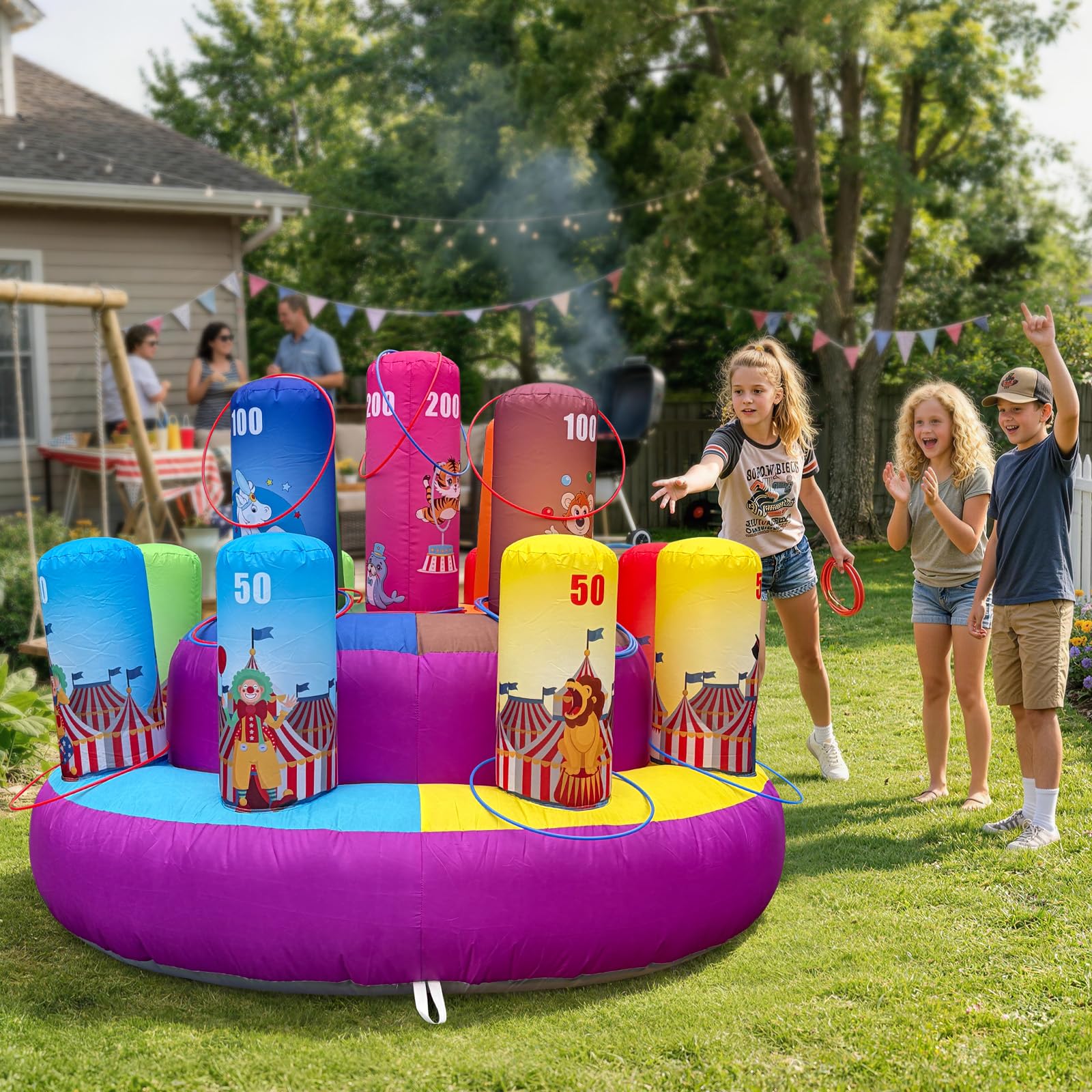 Inflatable Ring Toss Carnival Game 6.6x4.5Ft with Scoring Targets – Portable Party Game for Kids & Families