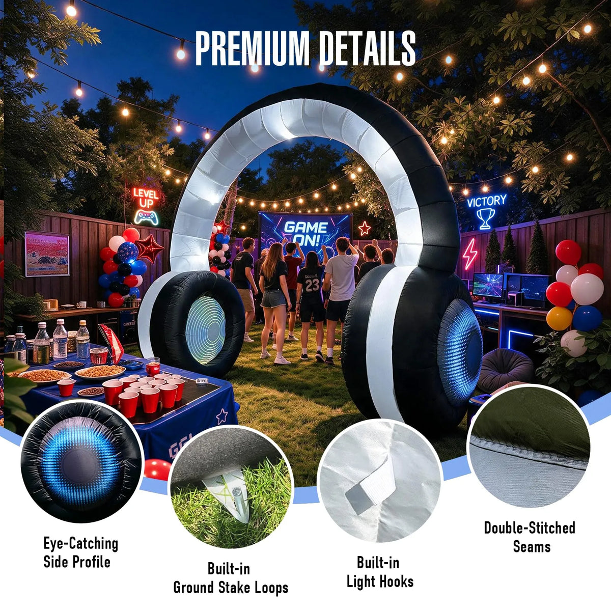 Inflatable Headphones Arch 9Ft with LED Lights for 80's 90's Party Decoration and Music Event