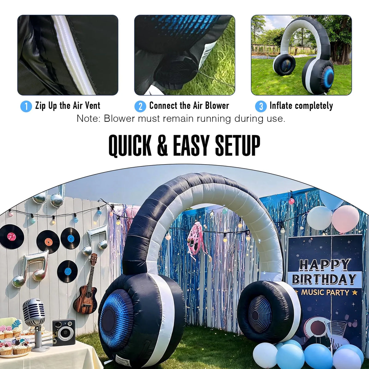 Inflatable Headphones Arch 9Ft with LED Lights for 80's 90's Party Decoration and Music Event