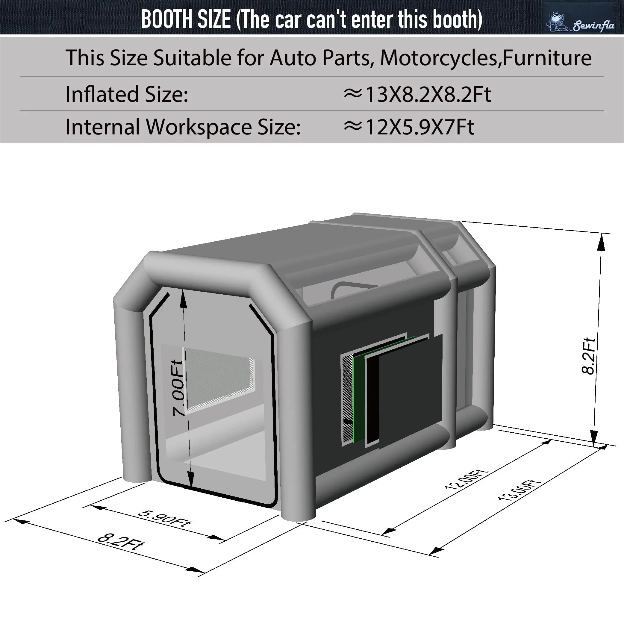 Sewinfla Professional Inflatable Paint Booth 13x8.2x8.2Ft with 2 Blowers (370W+550W) & Air Filter System Portable Paint Booth Tent Garage Inflatable Spray Booth Painting for Parts,Motorcycles
