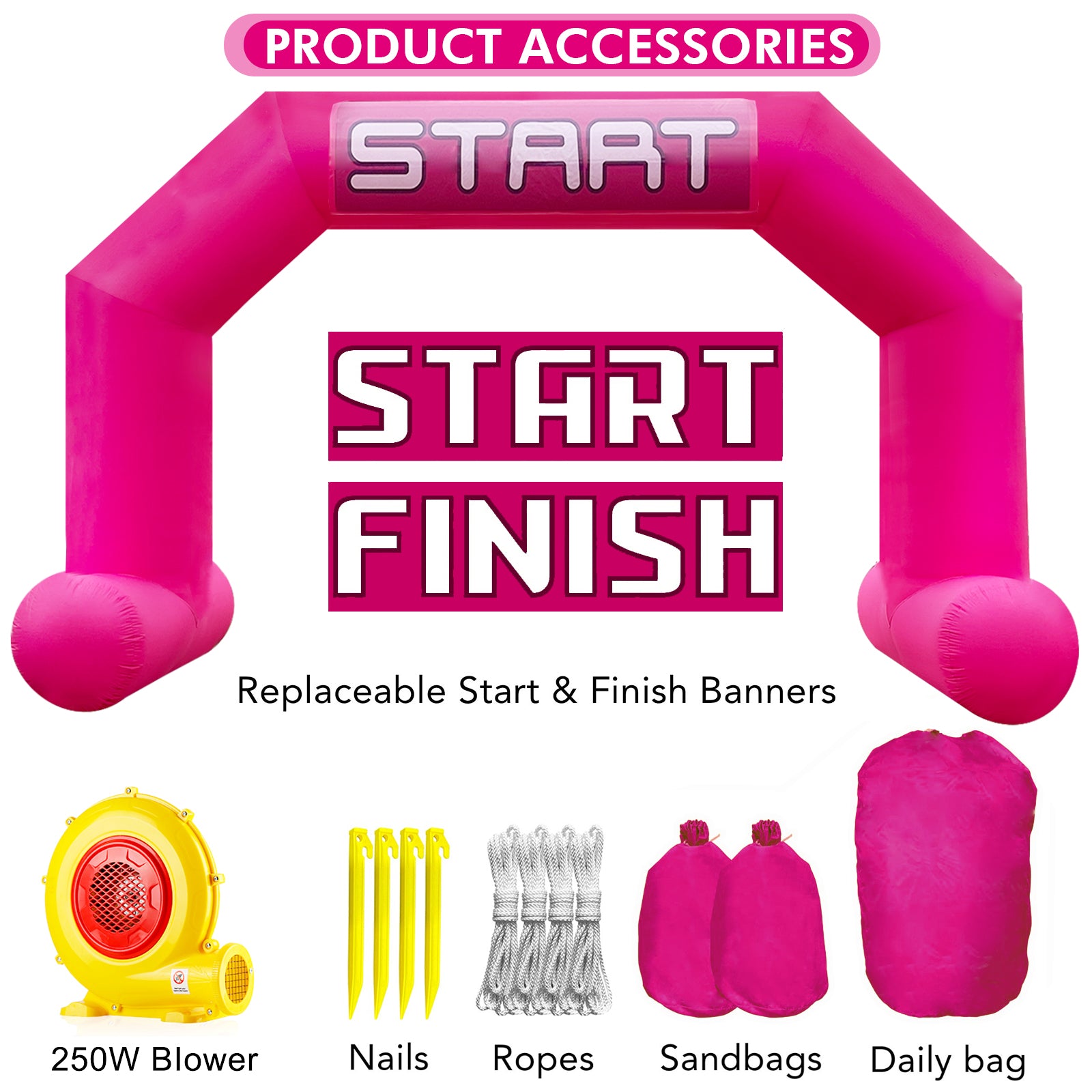 Sewinfla 20ft Inflatable Start Finish Line Arch Pink with External 250W Blower, Outdoor Inflatable Archway for Party Race Advertising Commerce