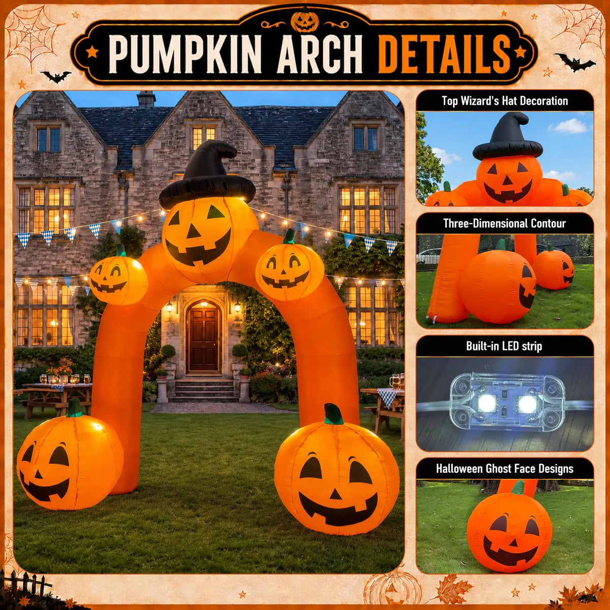 Halloween Inflatable Pumpkin Archway 10Ft with Built-in LED Lights for Halloween Decoration
