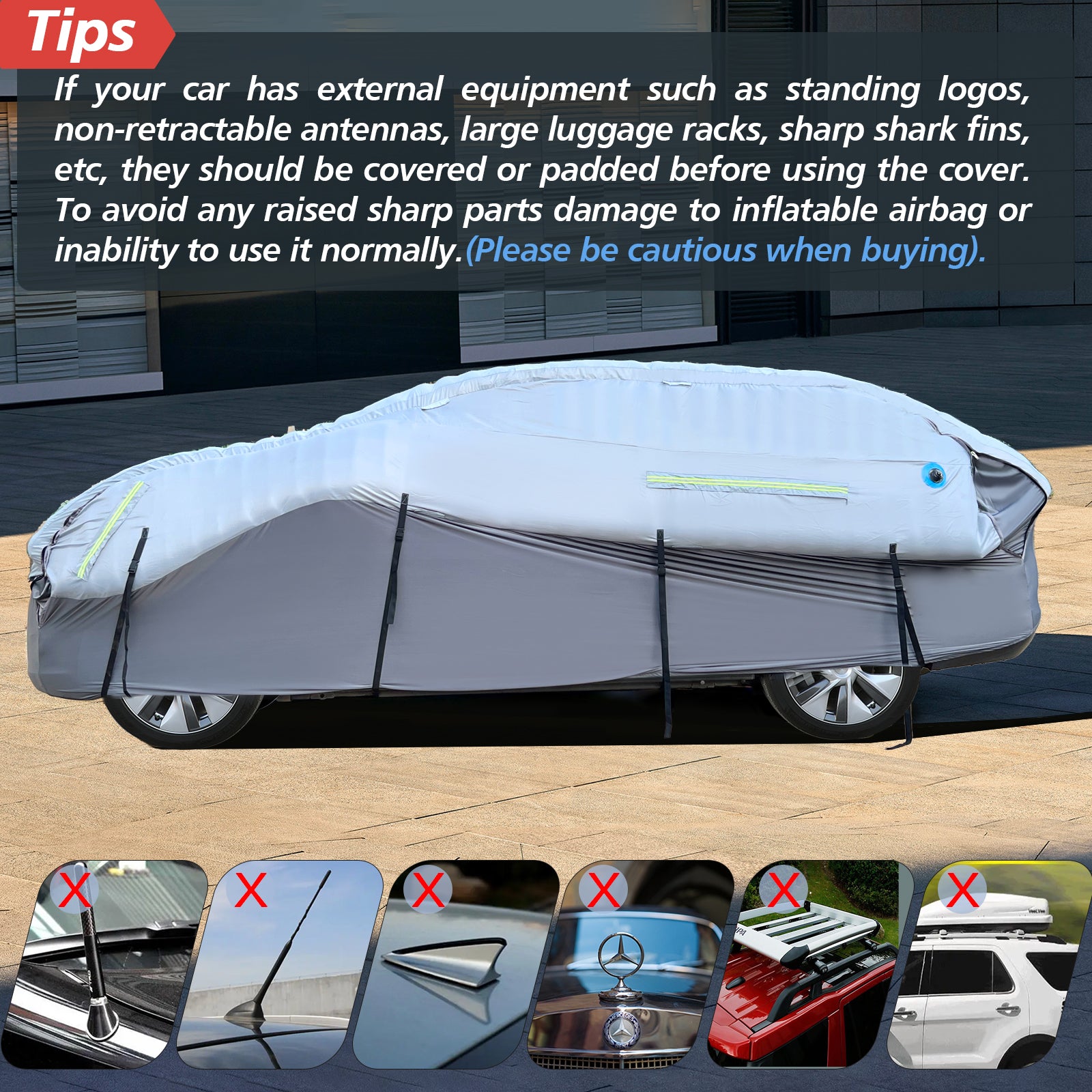 WARSUN Inflatable Hail Proof Car Cover with Full Cover Airbag, Foldable Anti Hail Outdoor Car Cover For Sedan in Length Between 106"-172''（With Air Pump）