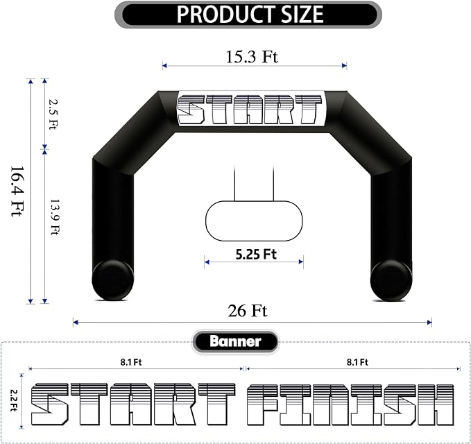 Sewinfla 26ft Blue Black Hexagonal Inflatable Arch For Outdoor Marathon Blow Up Archway Competition Event, Advertising Business, With Start Finish Line Banners And Air Blower