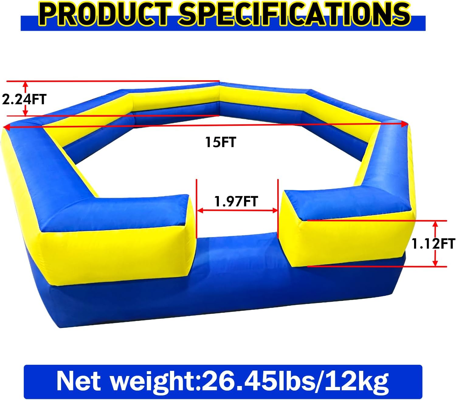 WARSUN 15ft Blue & Yellow Portable Gaga Ball Pit With Built-In Blower 150w Inflatable Gaga Ball Court For Indoor Outdoor School Family Activities Inflatable Sport Games