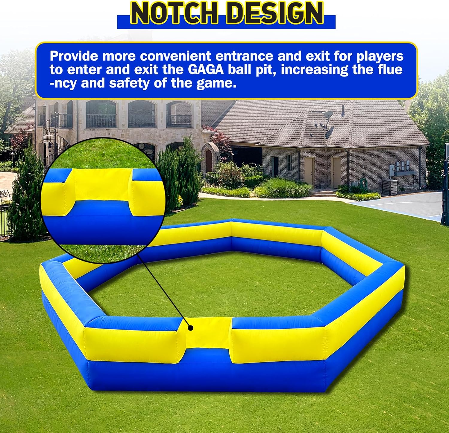 WARSUN 15ft Blue & Yellow Portable Gaga Ball Pit With Built-In Blower 150w Inflatable Gaga Ball Court For Indoor Outdoor School Family Activities Inflatable Sport Games