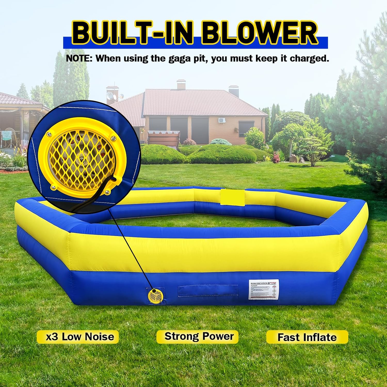 WARSUN 15ft Blue & Yellow Portable Gaga Ball Pit With Built-In Blower 150w Inflatable Gaga Ball Court For Indoor Outdoor School Family Activities Inflatable Sport Games