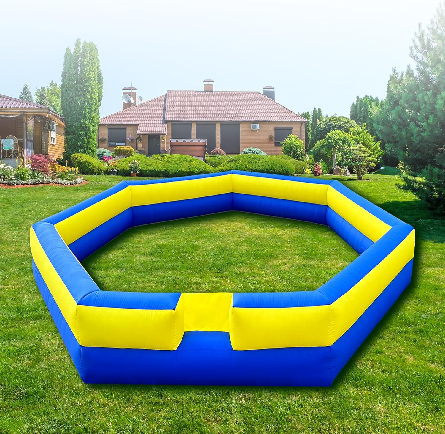 WARSUN 15ft Blue & Yellow Portable Gaga Ball Pit With Built-In Blower 150w Inflatable Gaga Ball Court For Indoor Outdoor School Family Activities Inflatable Sport Games