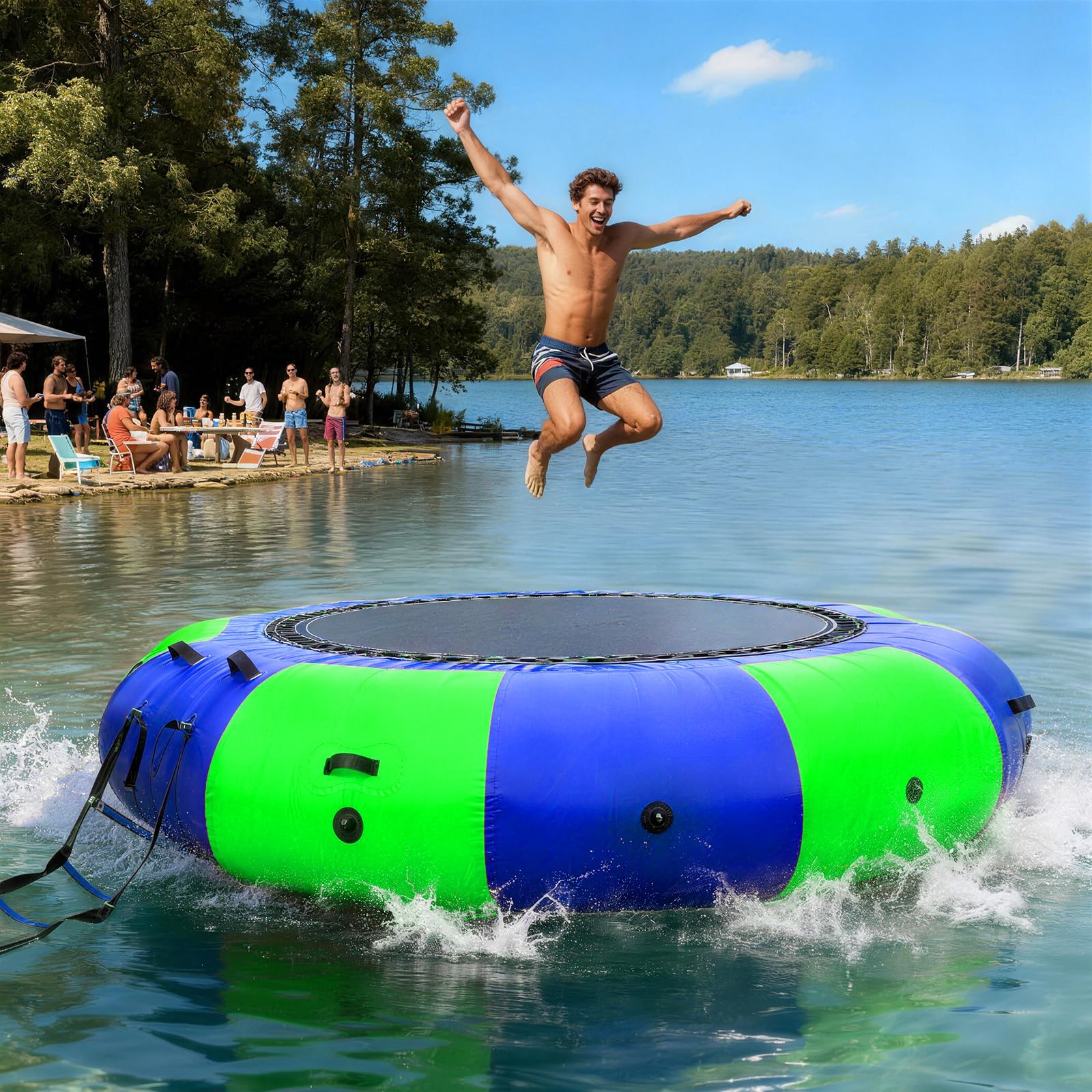 Inflatable Water Trampoline 10Ft Recreational Water Bouncer with Rope Ladder for Lake, Pools