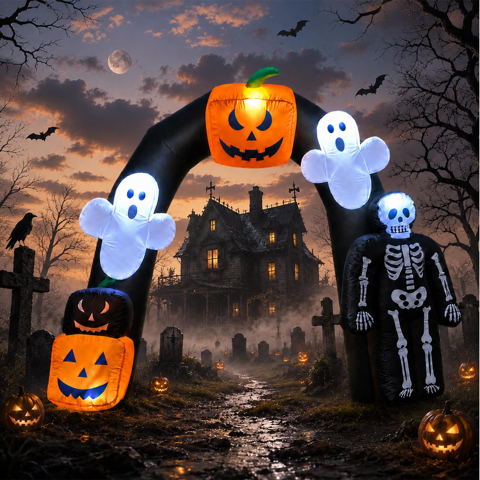 8FT Halloween Ghost Pumpkin Inflatable Arch with LED Lights, Outdoor Party & Yard Decoration