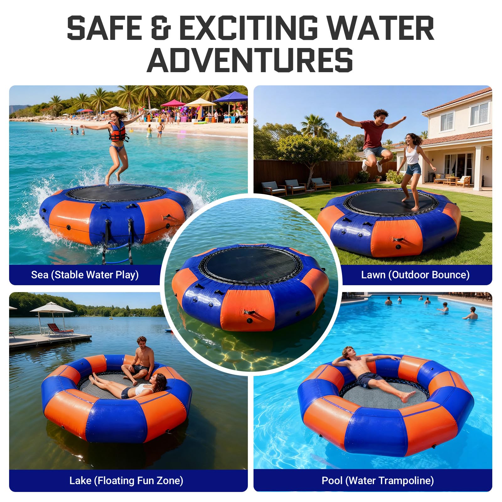 Inflatable Water Trampoline 10Ft Recreational Water Bouncer with Rope Ladder for Lake, Pools