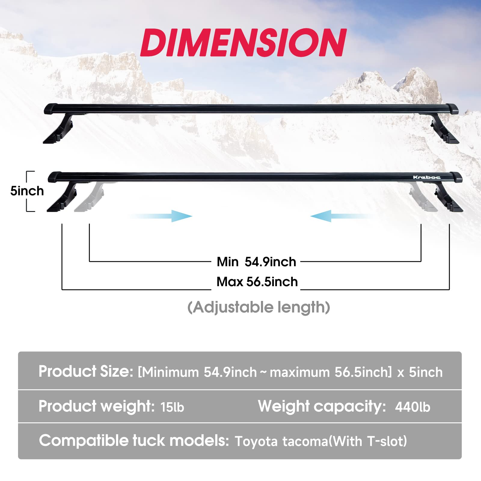 Kreboc Truck Bed Rack Cross Bars, Aluminum Length Adjustable Luggage Cargo Bars Mount on The Side Rails of Tonneau Cover 440lbs Load Capacity