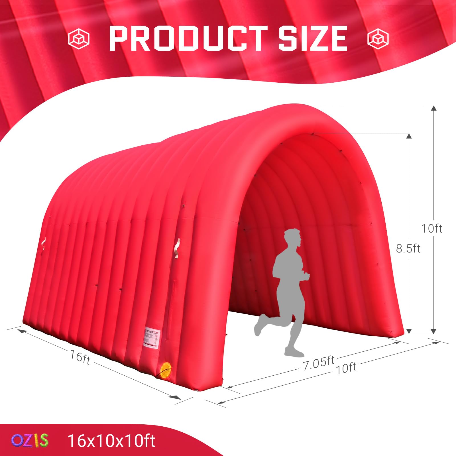 OZIS Inflatable Tunnel Sports Tunnel Entrance with Installed Blower Red 16x10x10ft