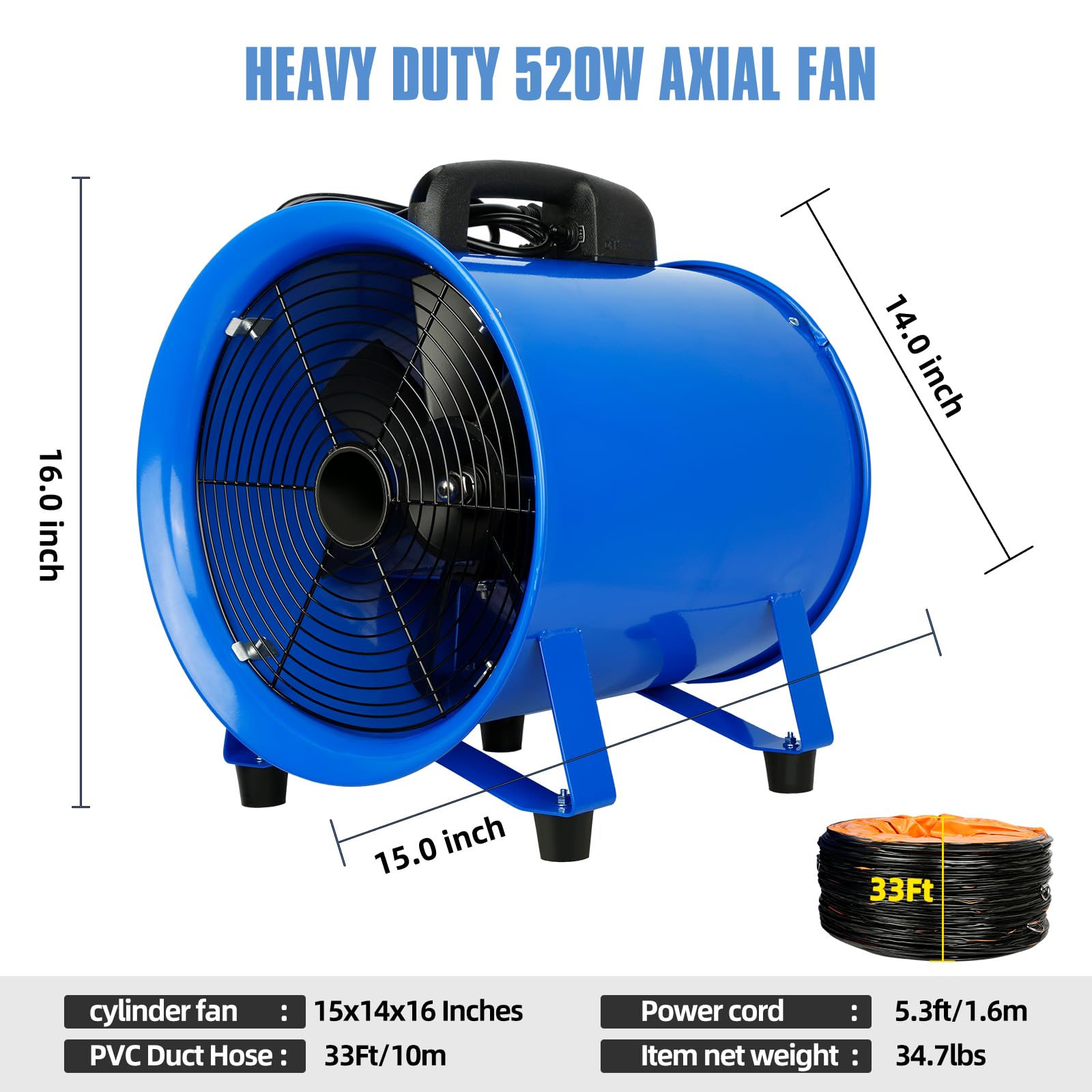 WARSUN Utility Blower 520W 12inch Exhaust Axial Fan 4100 m3/h High Velocity Portable Extractor Fan with 33Ft Duct Hose Portable Ventilator for Exhausting & Ventilating at Home or Workplace 370PA