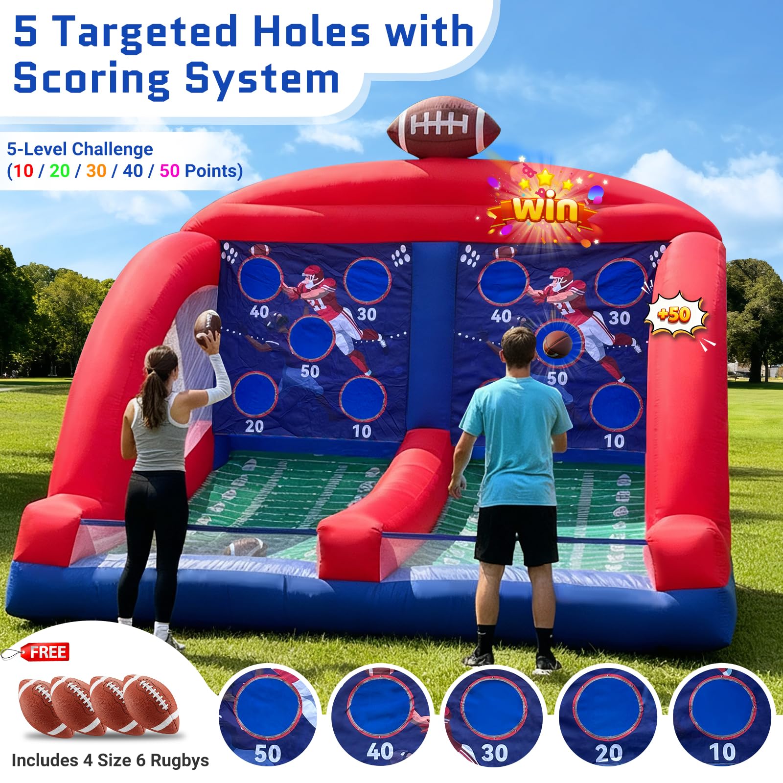 Inflatable Football Toss Game with 4 Balls Double Target Inflatable Interactive Carnival Games
