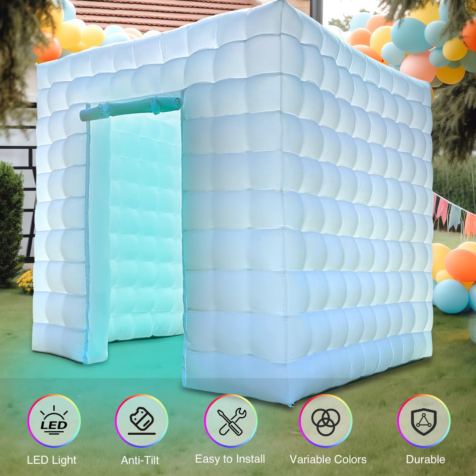8.2Ft LED Inflatable Photo Booth White Backdrop Tent - 16 Color Changing Lights for Events