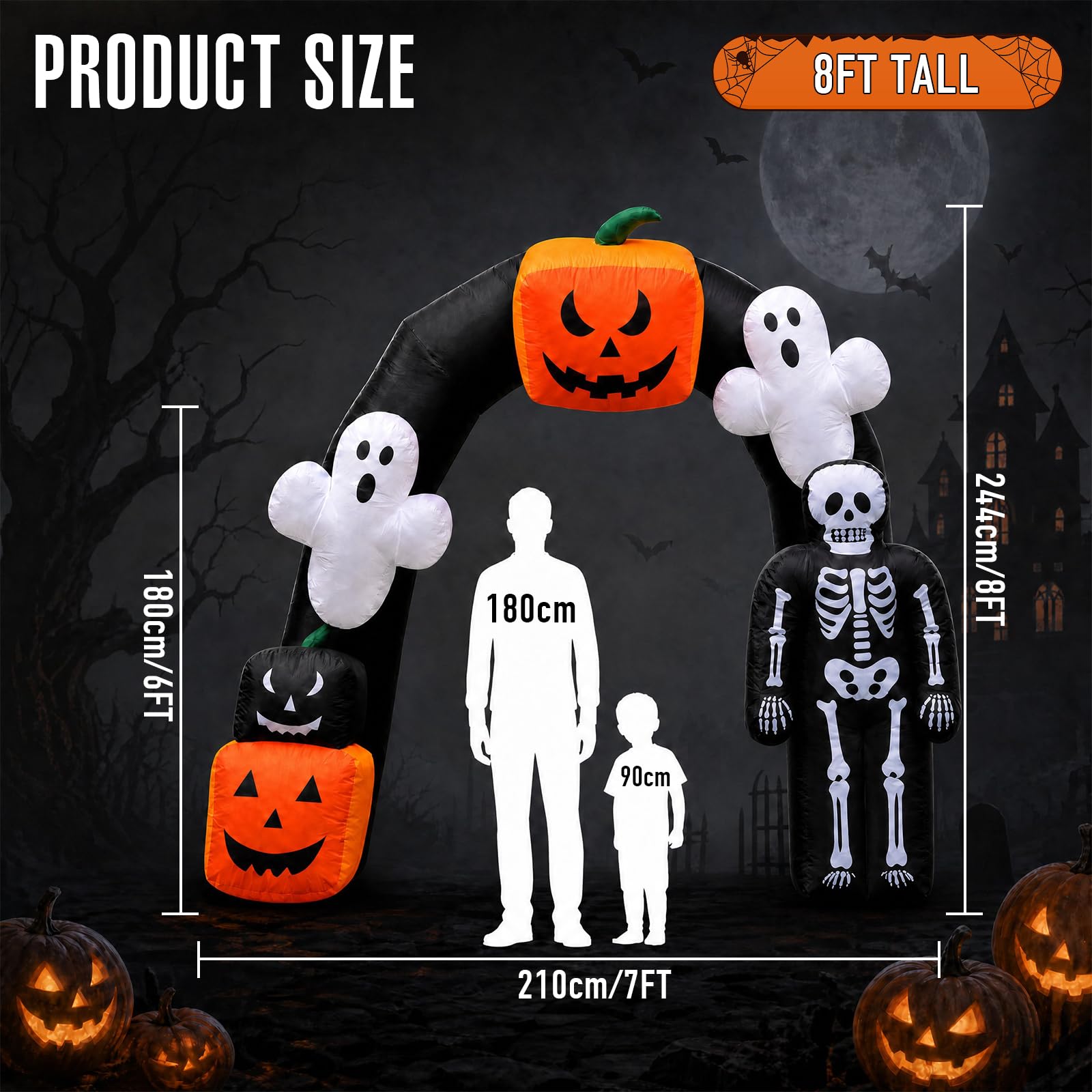 8FT Halloween Ghost Pumpkin Inflatable Arch with LED Lights, Outdoor Party & Yard Decoration