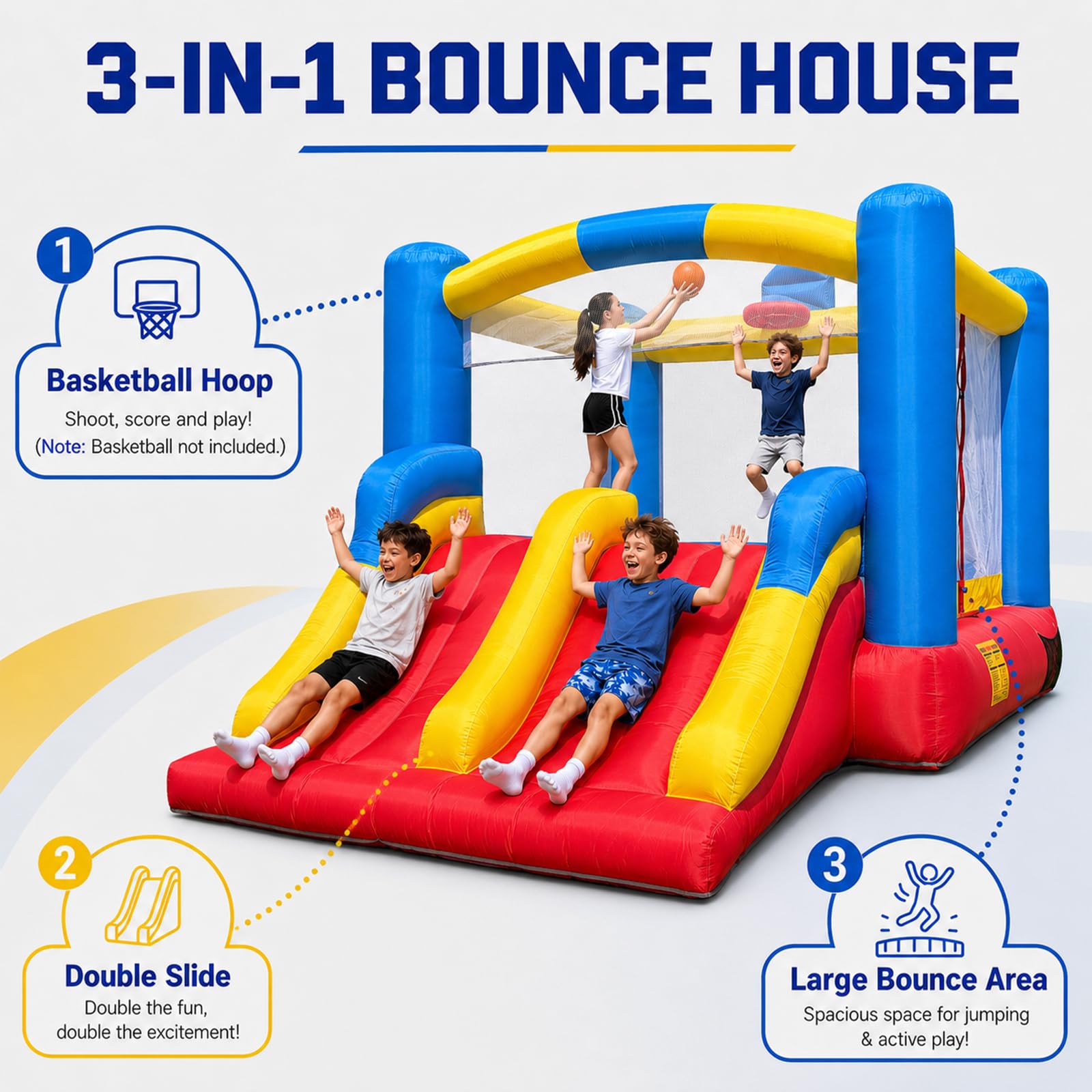 Inflatable Bounce House 12x9Ft with Double Slides & Basketball Hoop for Indoor Outdoor Family Backyard Parties