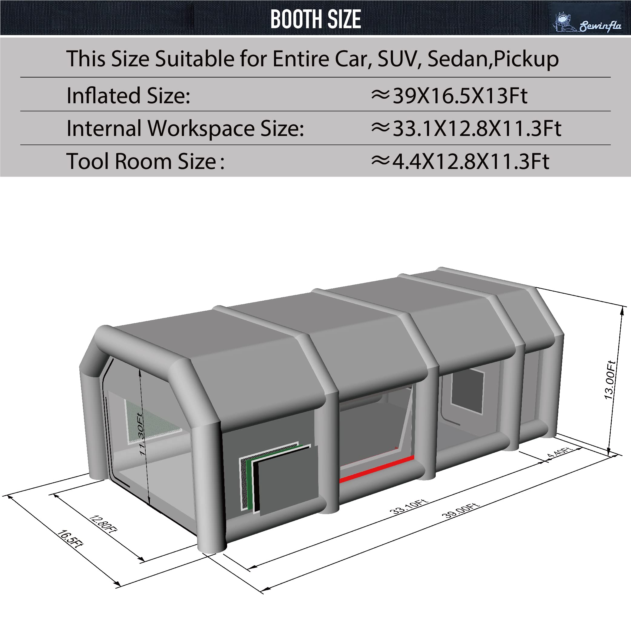 Sewinfla Professional Inflatable Paint Booth 39x16.5x13Ft without Blowers Portable Paint Booth Tent Garage Inflatable Spray Booth Painting for Cars- Blowers Excluded