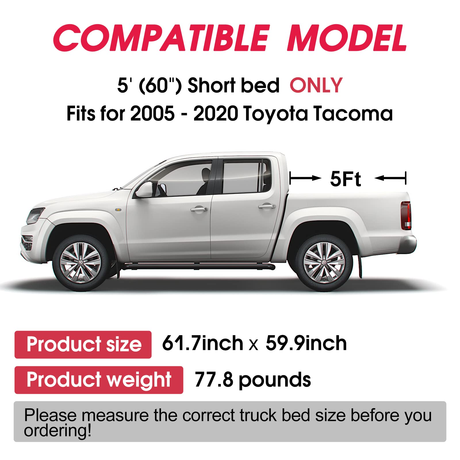 Kreboc Truck Tonneau Cover Aluminum Retractable Truck Bed Cover Fits 2005-2020 Toyota Tacoma 5.0 FT Bed 60" Pickup(Short Bed) Black