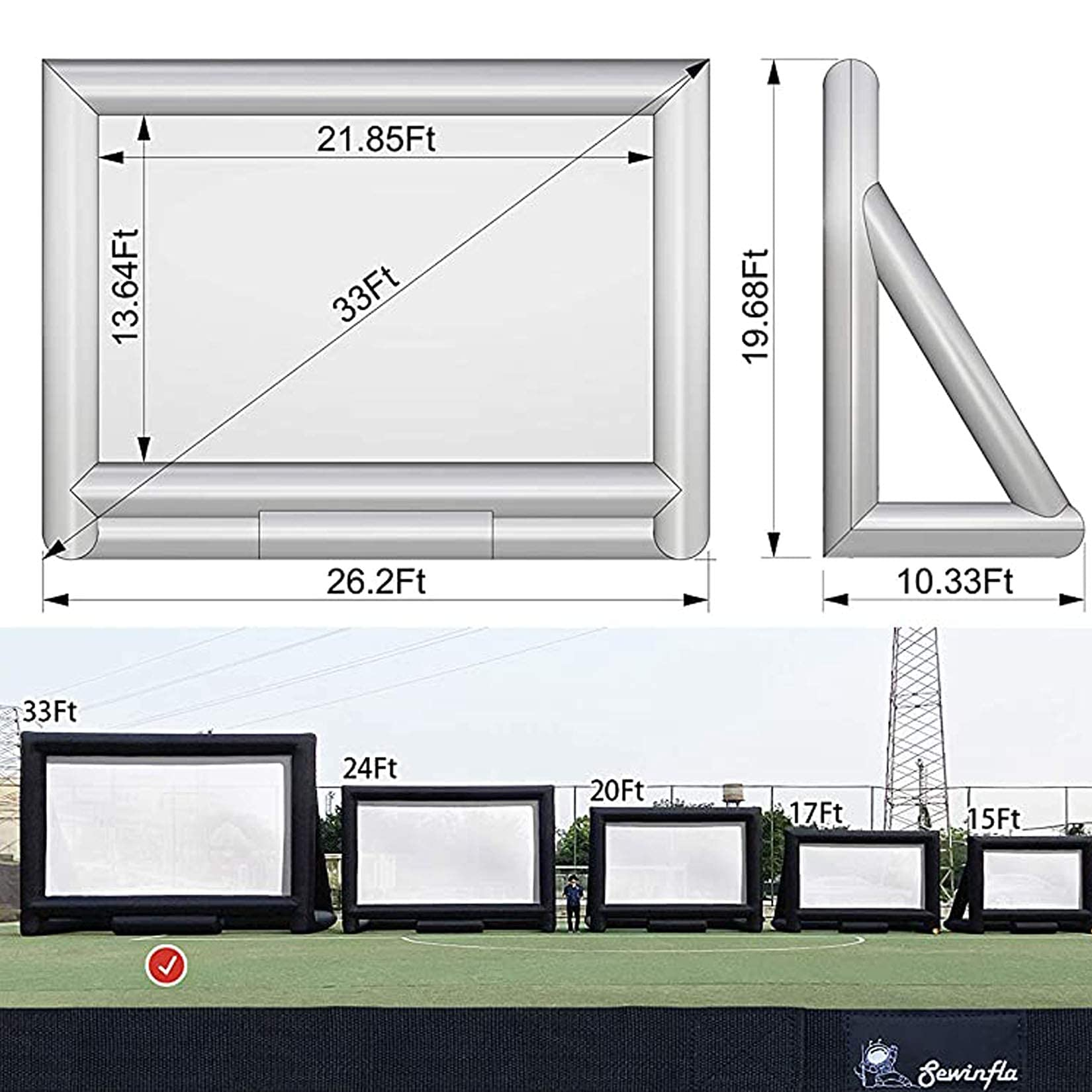 Sewinfla 33Ft Giant Inflatable Projector Screen with 2 Replaceable Screen Cloth - Portable Blow Up Movie Screen Outdoor for Grand Parties, Easy to Set Up