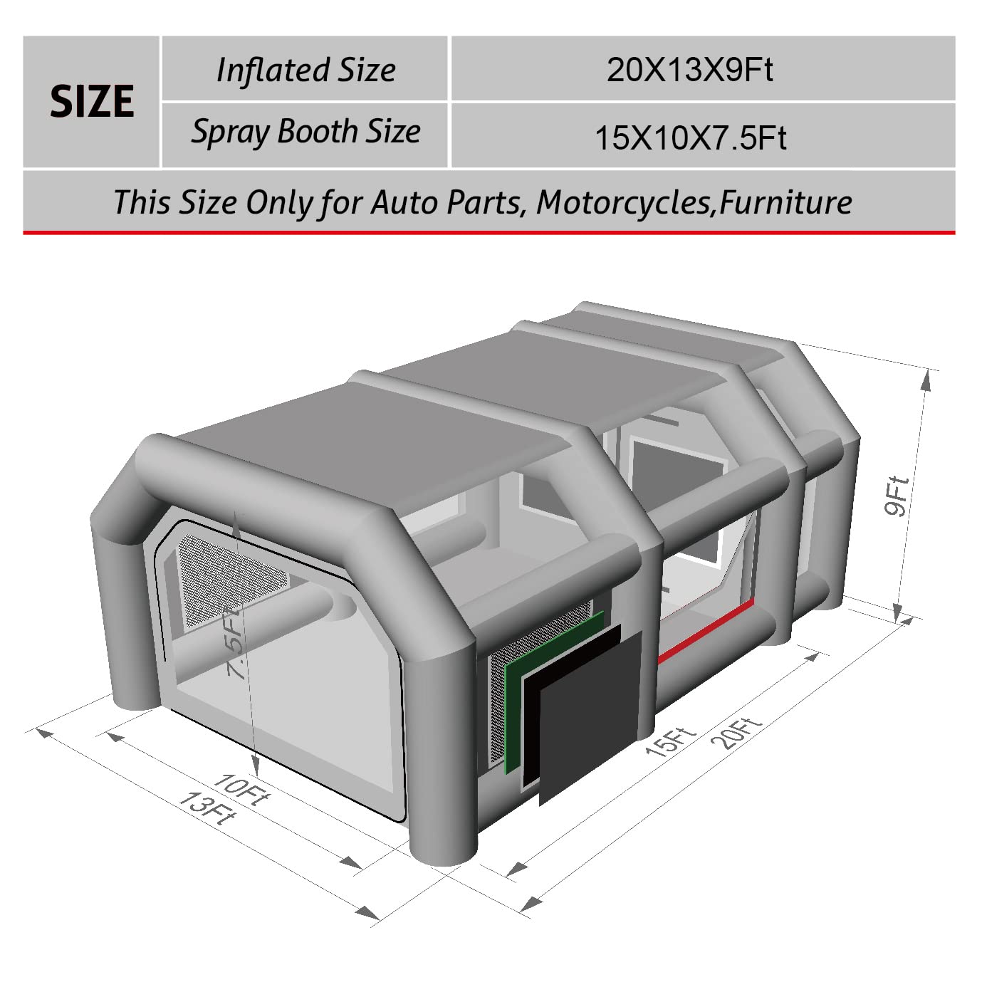 TKLoop Portable Paint Booth 20X13X9Ft with Powerful Blowers (480W+750W), Double Filters Inflatable Spray Paint Booth, Inflatable Paint Booth Tent with Tool Room