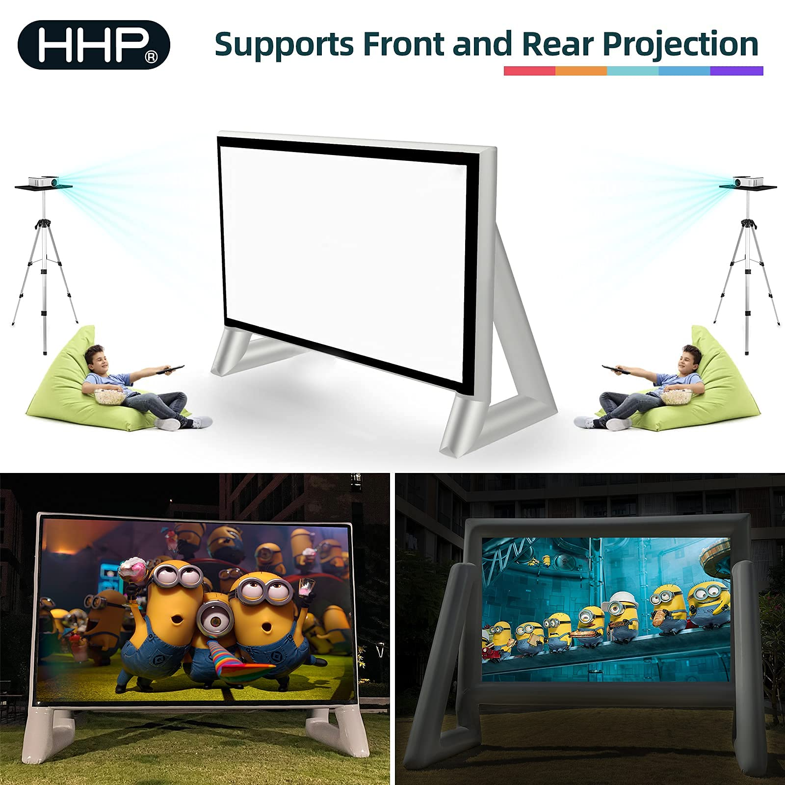 HHP 13Ft Airtight Projector Movie Screen Made of PVC, Waterproof Inflatable Movie Screen No Blower No Noise - Support Front Rear Projection - for Indoor, Outdoor, Pool, Garden and Backyard Parties