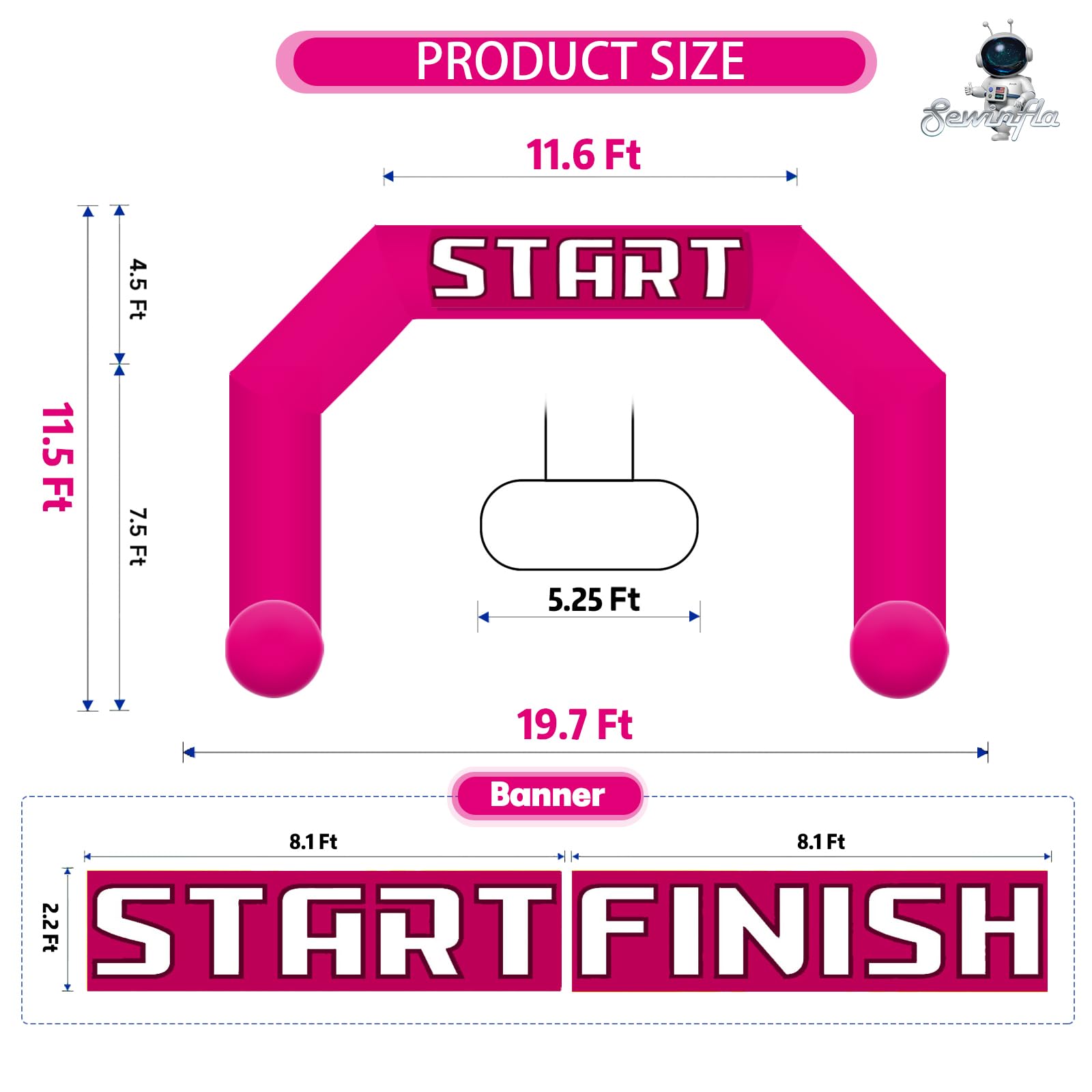 Sewinfla 20ft Inflatable Start Finish Line Arch Pink with External 250W Blower, Outdoor Inflatable Archway for Party Race Advertising Commerce