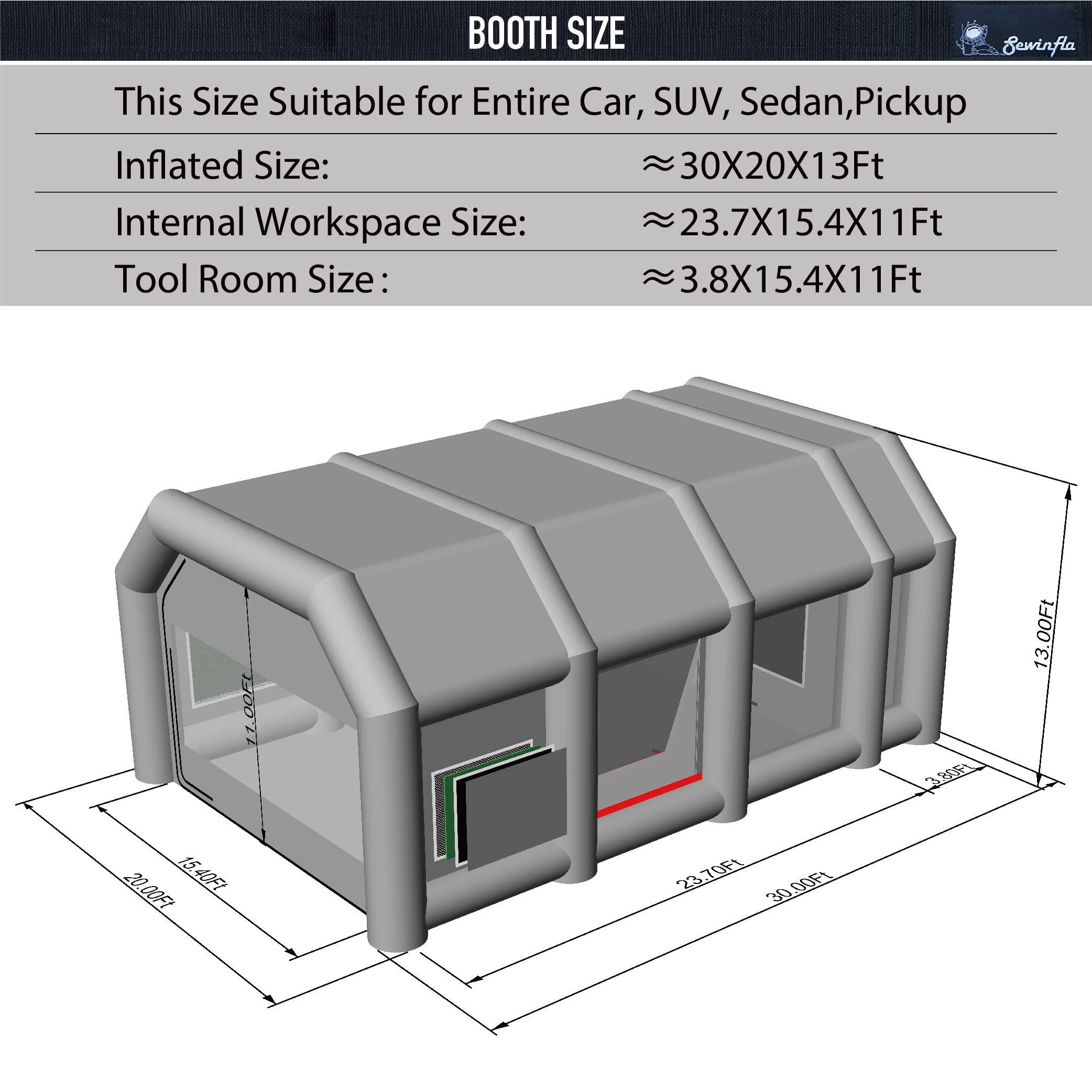 Sewinfla Professional Inflatable Paint Booth 30x20x13Ft With Air Filter System Portable Paint Booth Tent Garage Inflatable Spray Booth Painting for Cars Excluding blowers