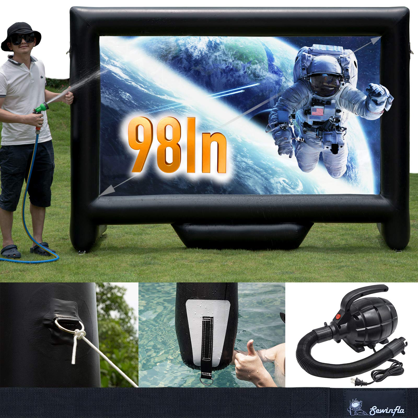 Sewinfla Outdoor Movie Screen 10ft- Upgraded Airtight Design Inflatable Movie Projector Screen for Outdoor/Indoor Use - No Need to Keep Inflating - Supports Front and Rear Projection