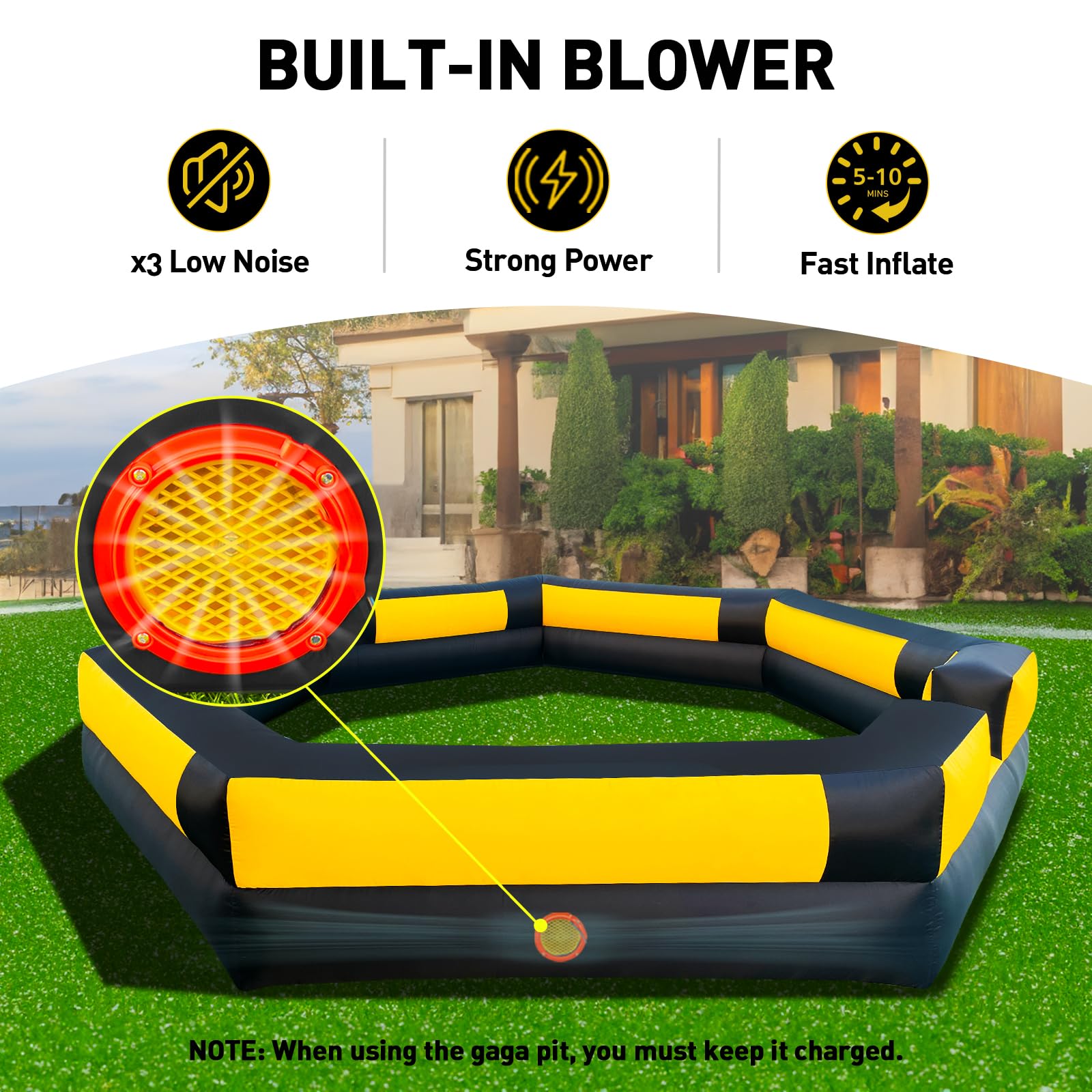 WARSUN Portable 15ft Gaga Ball Pit Inflatable Gagaball Court with Powerful Blower, Portable Ball Pit Play Fence for Indoor Outdoor School Family Activities Inflatable Sport Games More Durable