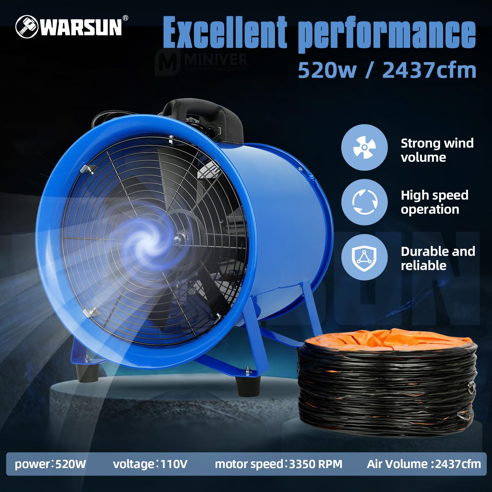 WARSUN Utility Blower 520W 12inch Exhaust Axial Fan 4100 m3/h High Velocity Portable Extractor Fan with 33Ft Duct Hose Portable Ventilator for Exhausting & Ventilating at Home or Workplace 370PA