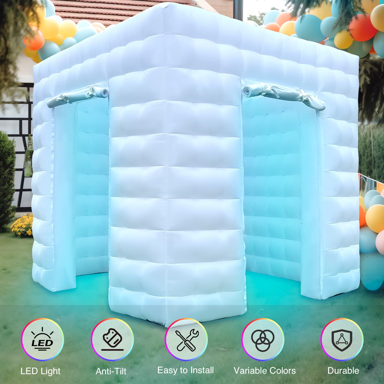 8.2Ft LED Inflatable Photo Booth Enclosure with 2 Doors - 16 Color LED Backdrop Tent for Events