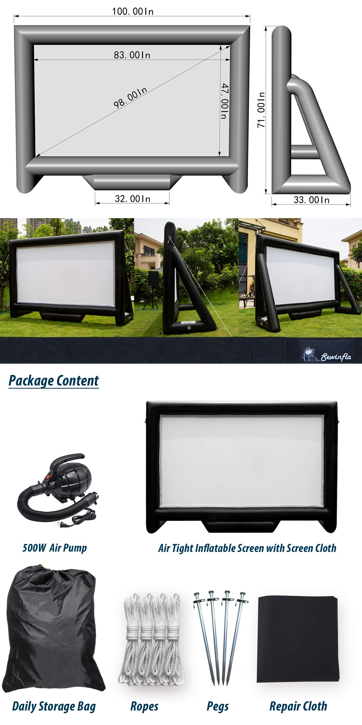 Sewinfla Outdoor Movie Screen 10ft- Upgraded Airtight Design Inflatable Movie Projector Screen for Outdoor/Indoor Use - No Need to Keep Inflating - Supports Front and Rear Projection