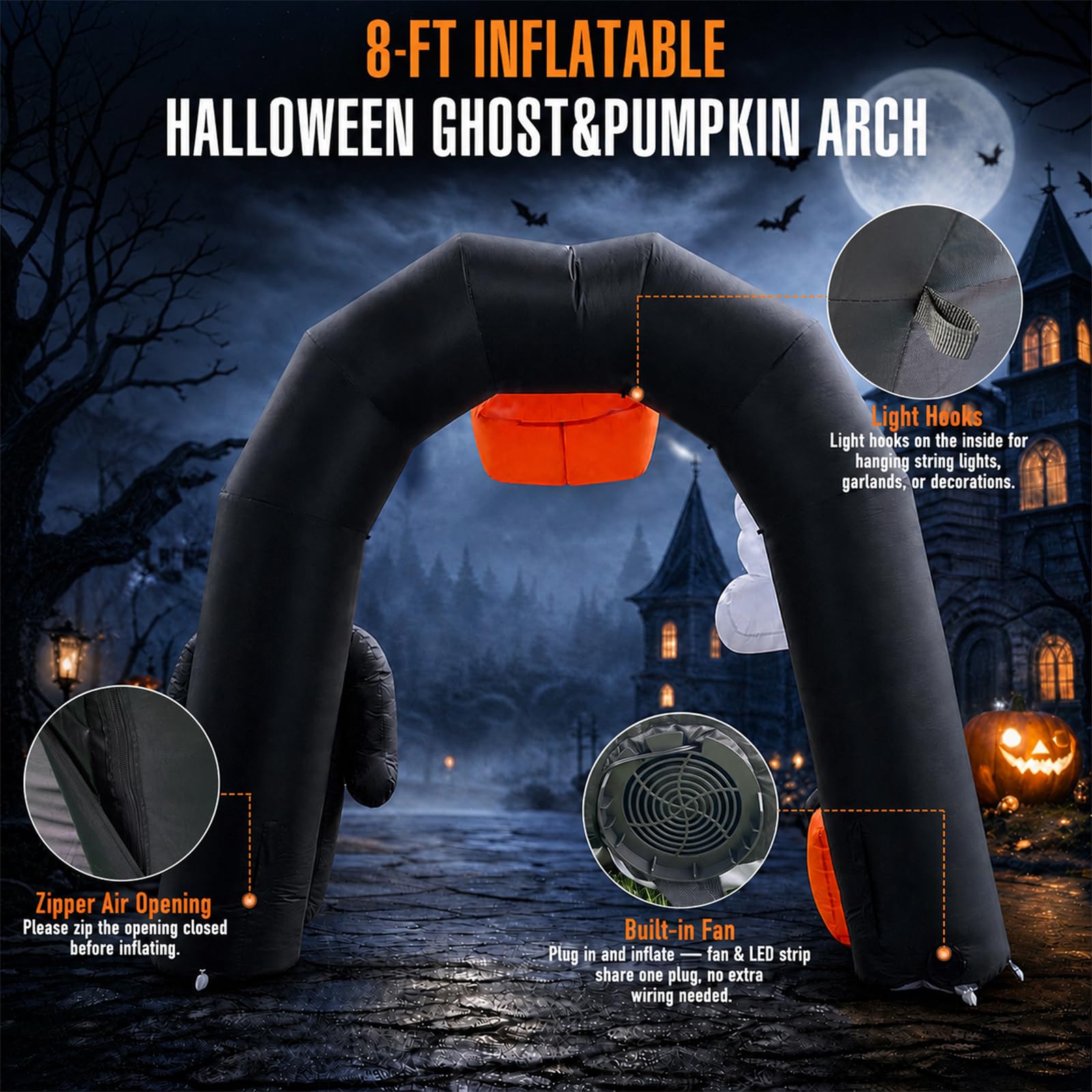 8FT Halloween Ghost Pumpkin Inflatable Arch with LED Lights, Outdoor Party & Yard Decoration