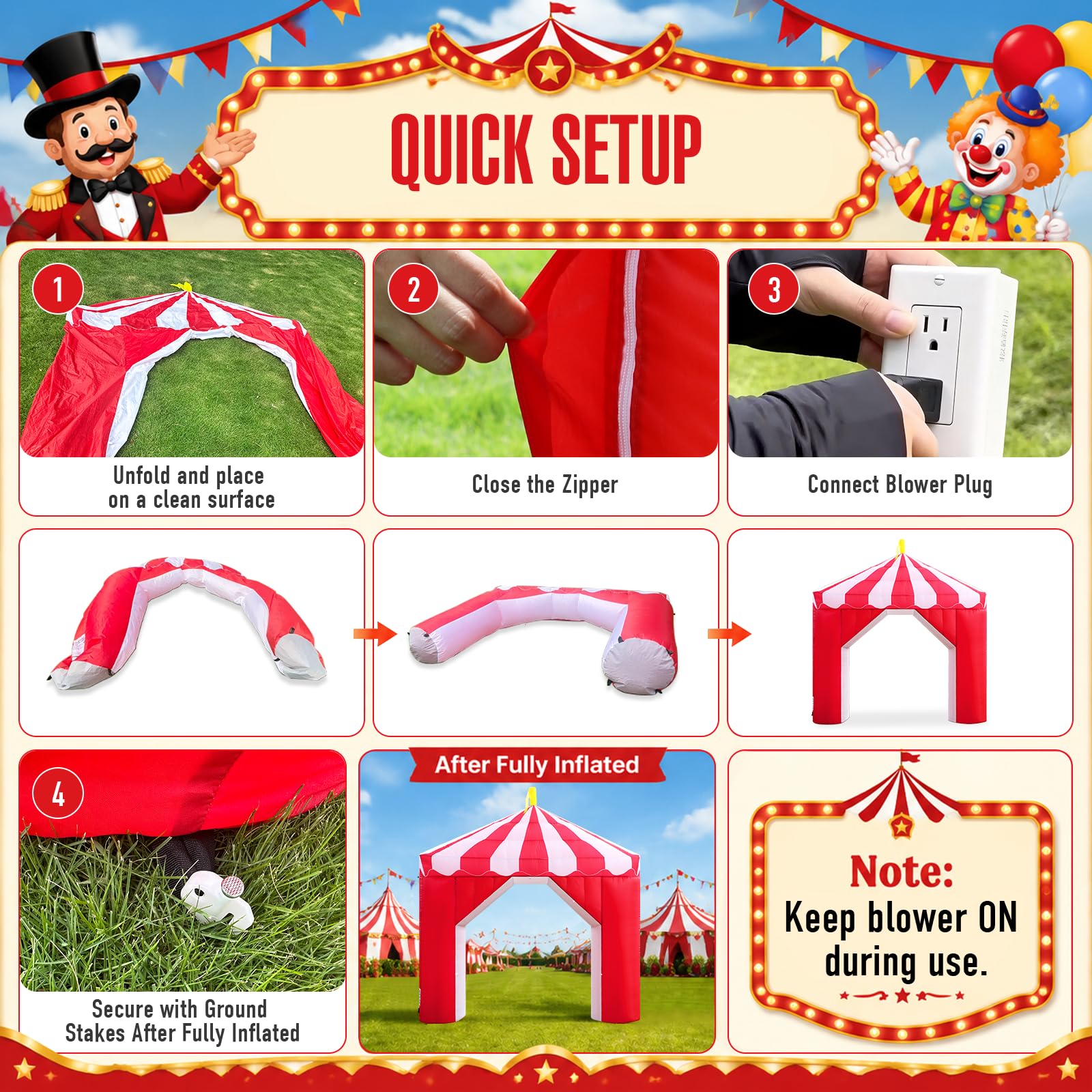 10FT Circus Inflatable Arch with LED Lights & Built-in Blower, Carnival Decoration for Parties, Birthdays & Outdoor Events