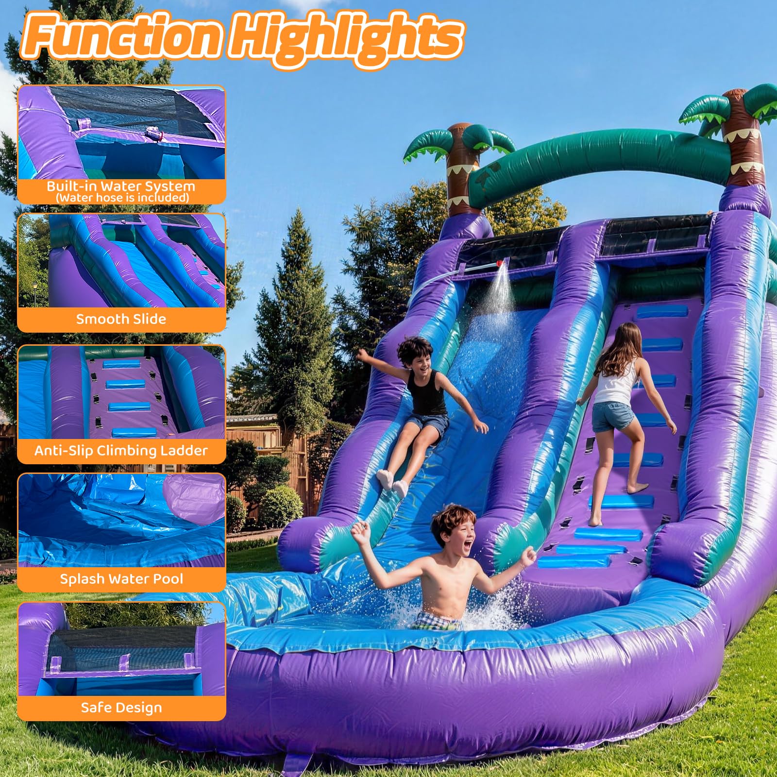 Inflatable Water Slide Purple Commercial Grade PVC with Detachable Slide Climbing Ladder and Pool, Giant Inflatable Wet Dry Use