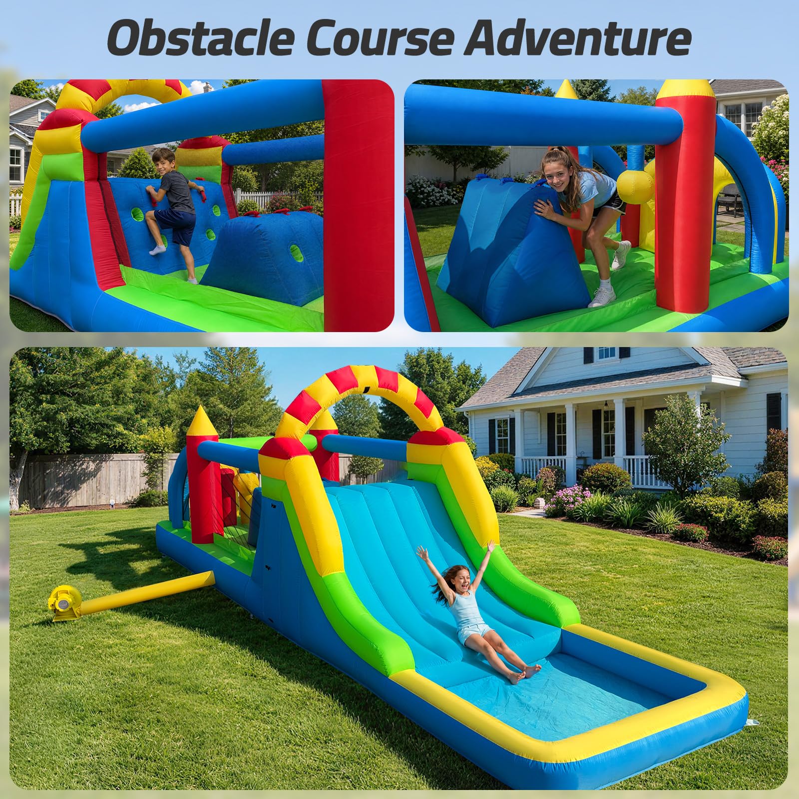 Inflatable Obstacle Course 24Ft for Kids – Bounce House with Tunnel, Climbing Wall, Slide & Jumping Area