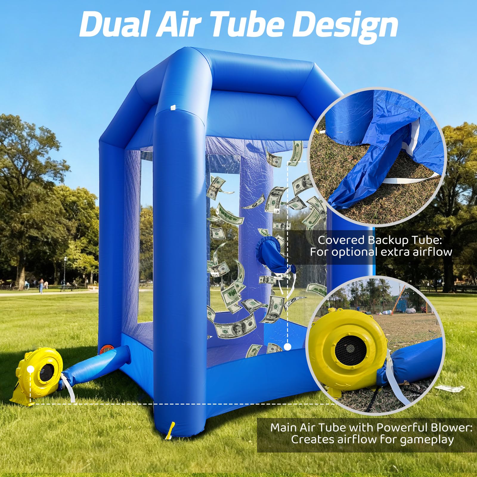 Inflatable Money Blowing Booth 5.2x5.2x8.2FT with 2 Blowers Cash Cube Game for Events