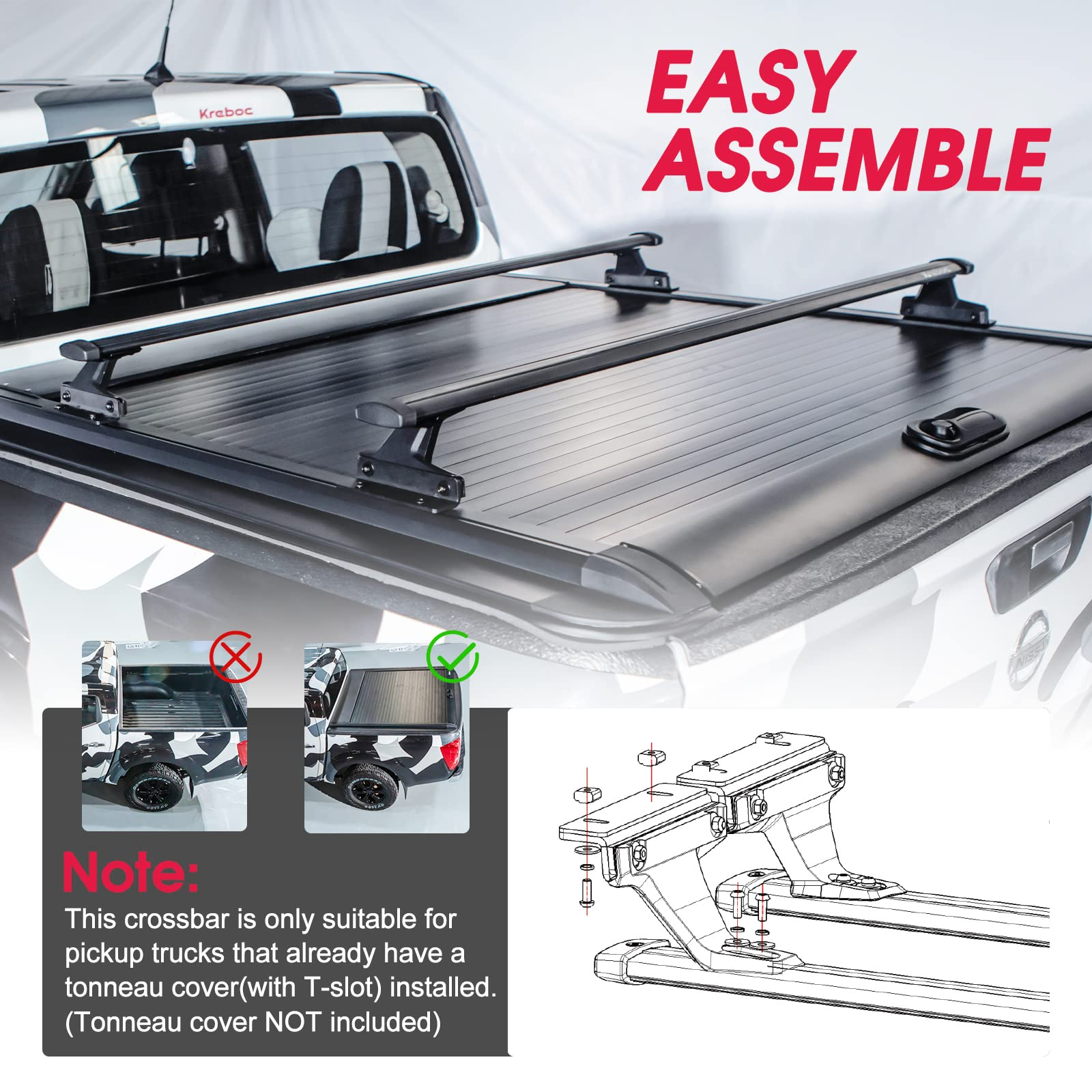 Kreboc Truck Bed Rack Cross Bars, Aluminum Length Adjustable Luggage Cargo Bars Mount on The Side Rails of Tonneau Cover 440lbs Load Capacity