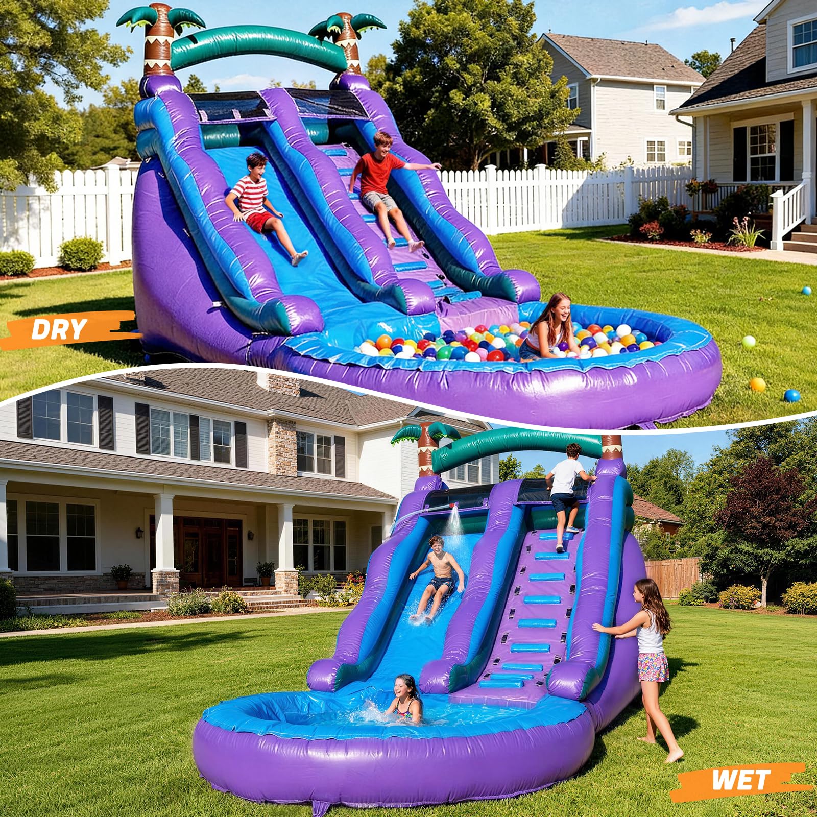 Inflatable Water Slide Purple Commercial Grade PVC with Detachable Slide Climbing Ladder and Pool, Giant Inflatable Wet Dry Use
