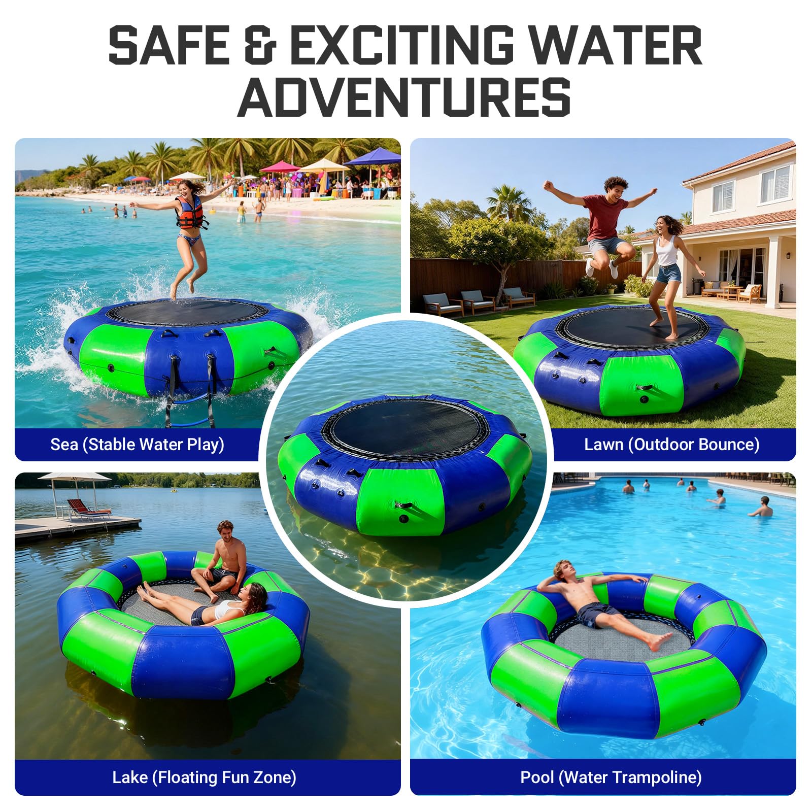 Inflatable Water Trampoline 10Ft Recreational Water Bouncer with Rope Ladder for Lake, Pools