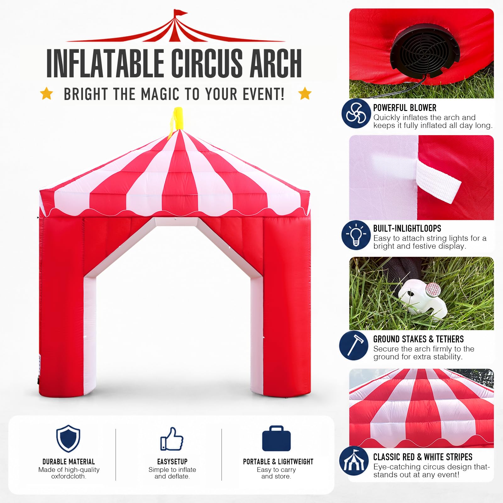10FT Circus Inflatable Arch with LED Lights & Built-in Blower, Carnival Decoration for Parties, Birthdays & Outdoor Events