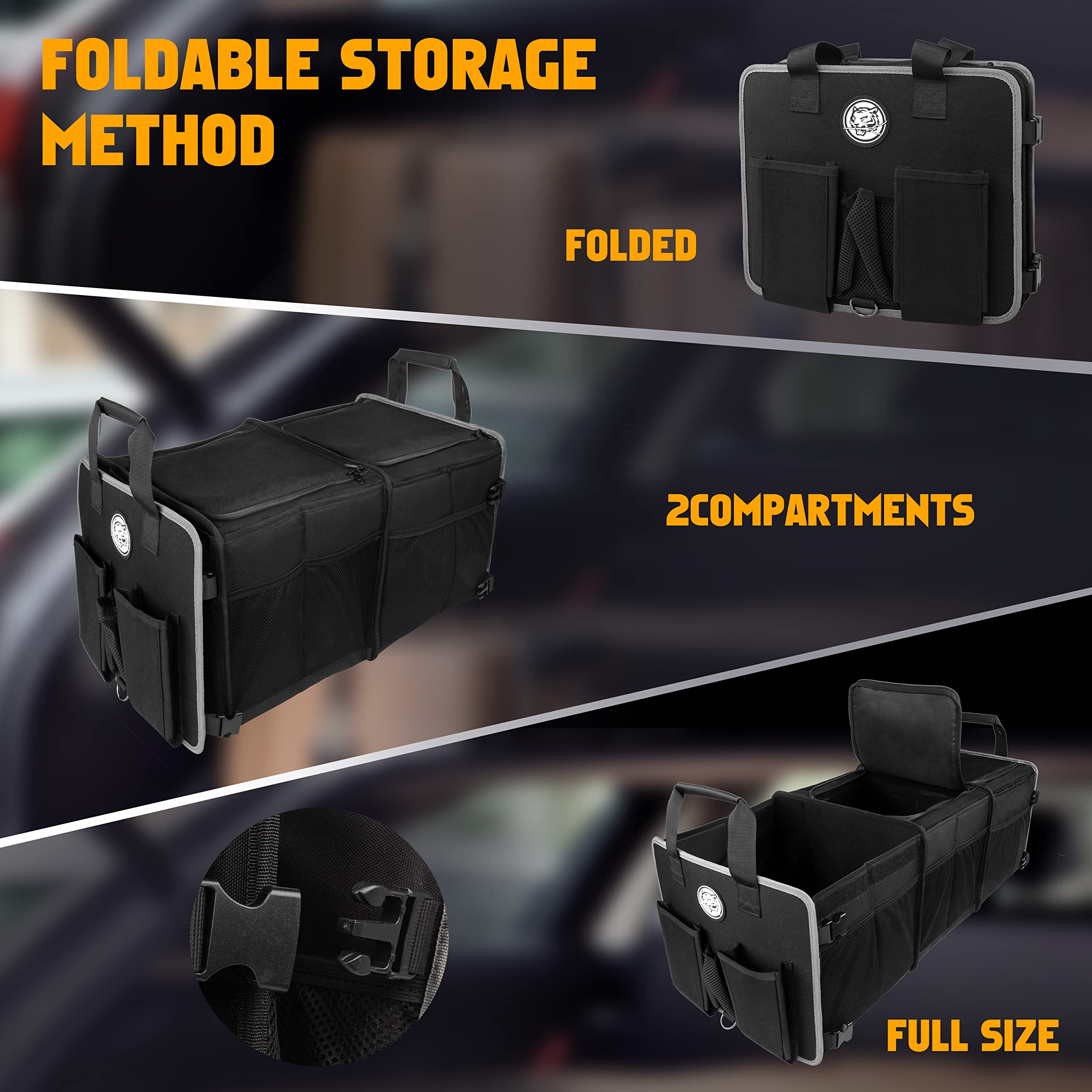 TKLoop Portable Trunk Organizer Premium 3 Compartments Collapsible Car Storage Organizer for Sedan, SUV, Truck, Minivan