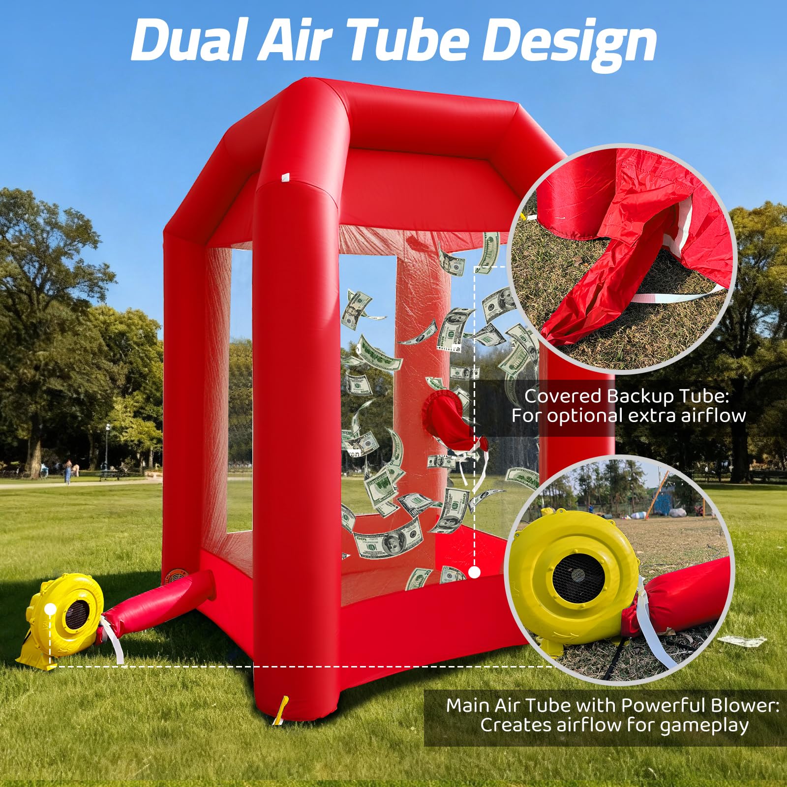 Inflatable Money Blowing Booth 5.2x5.2x8.2FT with 2 Blowers Cash Cube Game for Events