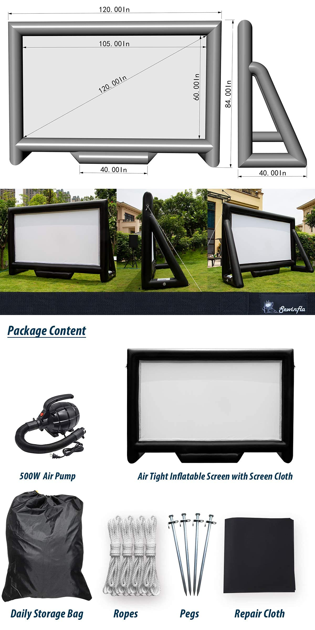 Sewinfla Outdoor Movie Screen 12ft- Upgraded Airtight Design Inflatable Movie Projector Screen for Outdoor/Indoor Use - No Need to Keep Inflating - Supports Front and Rear Projection