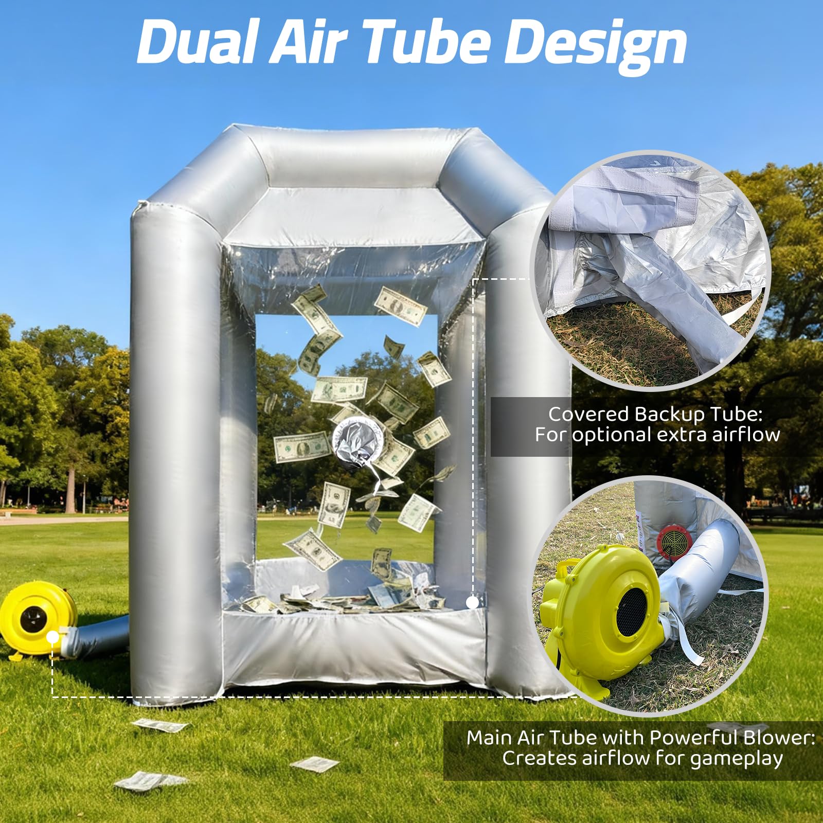 Inflatable Money Blowing Booth 5.2x5.2x8.2FT with 2 Blowers Cash Cube Game for Events