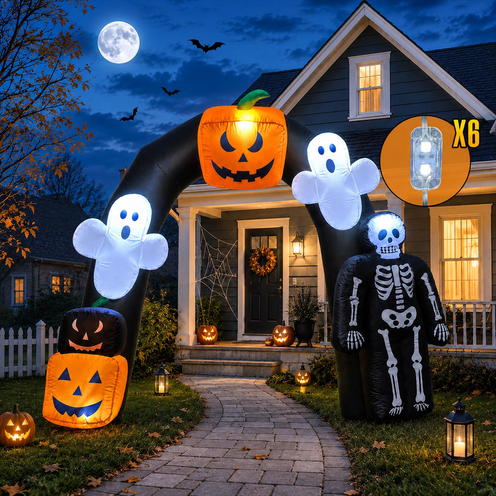 8FT Halloween Ghost Pumpkin Inflatable Arch with LED Lights, Outdoor Party & Yard Decoration