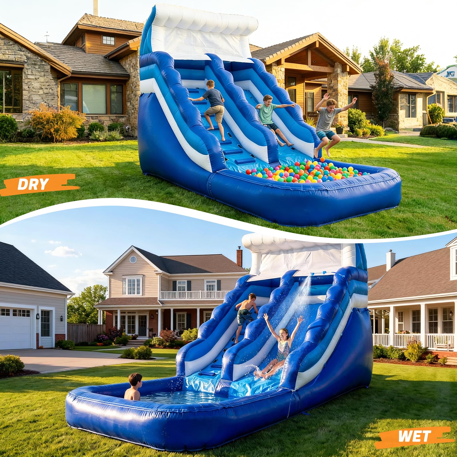Inflatable Water Slide Commercial Grade PVC with Detachable Slide Climbing Ladder and Pool, Giant Inflatable Wet Dry Use